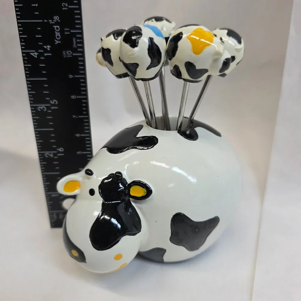 READA Boska Cow Party Pick Set White Black Ceramic Cheese Appetizer Tools 7pc